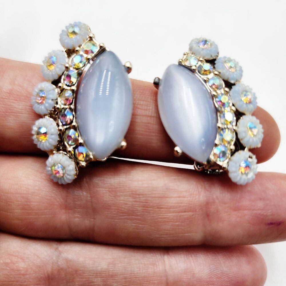 Vintage Large Blue Earrings Clip Moonglow Thermoset AB Rhinestones Crystals